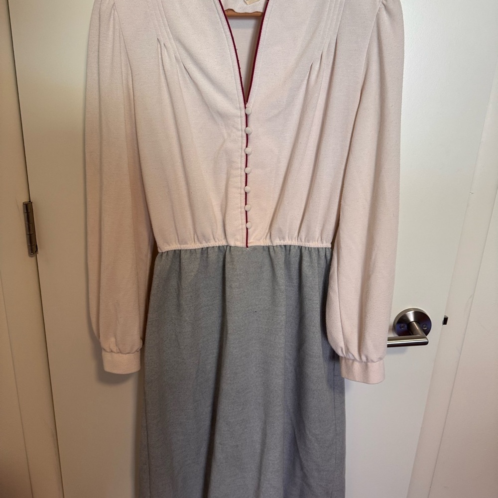 Leslie Fay 1980's Maroon and Cream Pleated Long Sleeve Dress